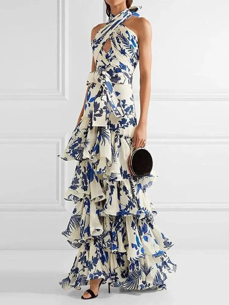 Elegant Women's Printed Vestidos Sleeveless Neck-mounted Female Formal Wear Aesthetic Layered Ruffled Hem Evening Party Dresses-THAT FASHION STORE