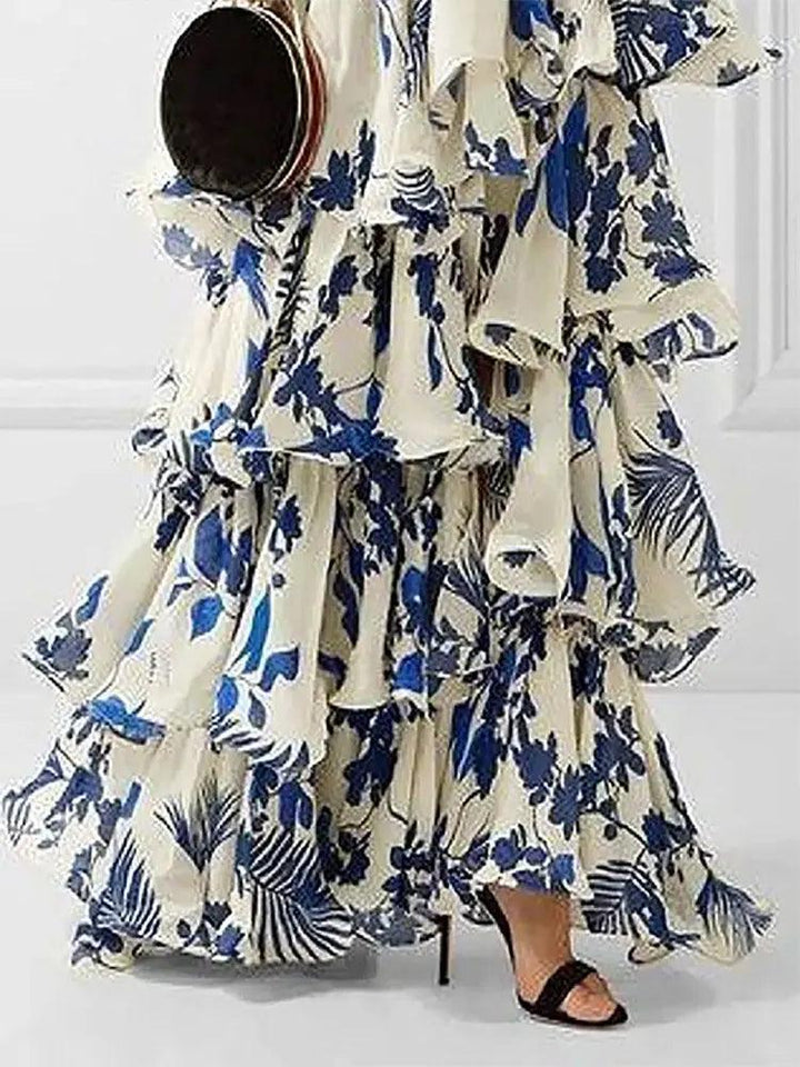 Elegant Women's Printed Vestidos Sleeveless Neck-mounted Female Formal Wear Aesthetic Layered Ruffled Hem Evening Party Dresses-THAT FASHION STORE