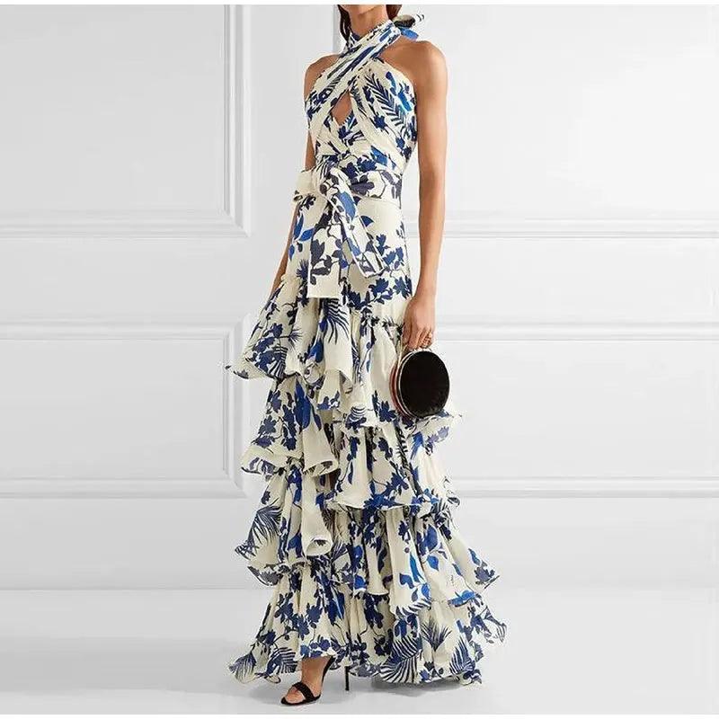 Elegant Women's Printed Vestidos Sleeveless Neck-mounted Female Formal Wear Aesthetic Layered Ruffled Hem Evening Party Dresses-THAT FASHION STORE