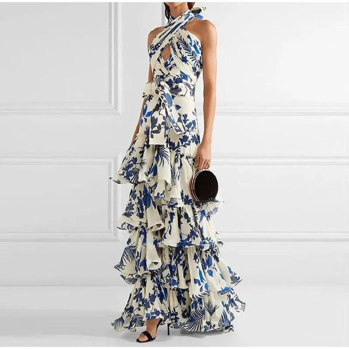 Elegant Women's Printed Vestidos Sleeveless Neck-mounted Female Formal Wear Aesthetic Layered Ruffled Hem Evening Party Dresses-THAT FASHION STORE