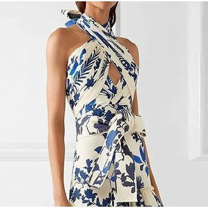 Elegant Women's Printed Vestidos Sleeveless Neck-mounted Female Formal Wear Aesthetic Layered Ruffled Hem Evening Party Dresses-THAT FASHION STORE