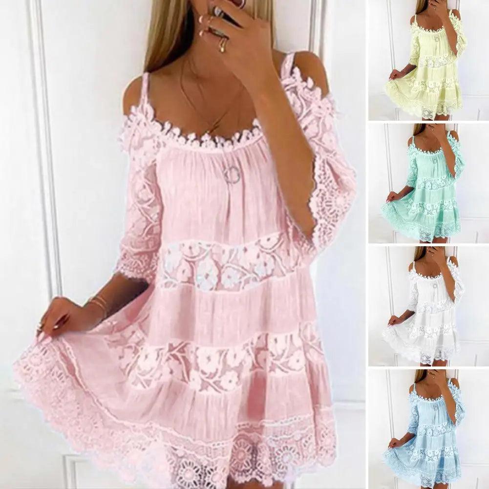 Embroidery Crochet Lace Cold Shoulder Mini Dress Women Scoop Neck Half Sleeves Mid-Rise Loose Fit Summer Dress Lady Beach Dress-THAT FASHION STORE