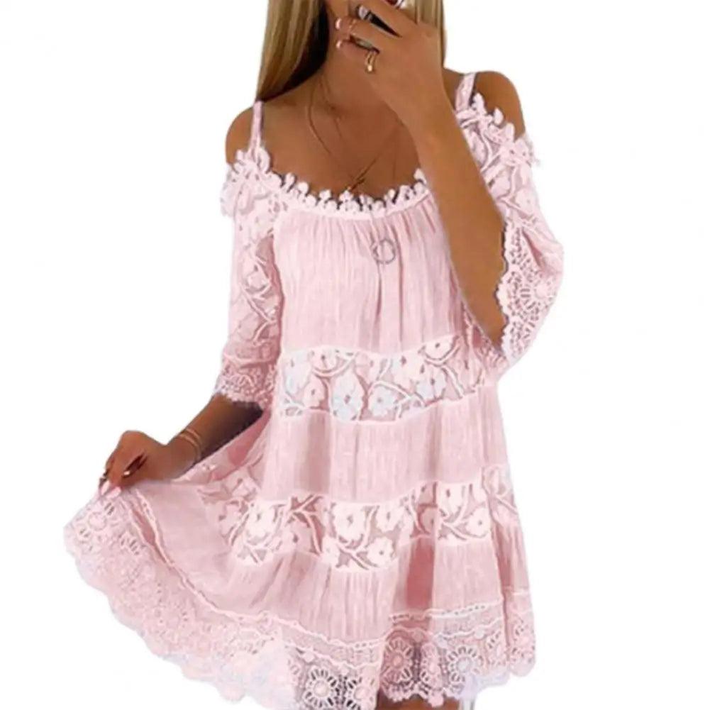 Embroidery Crochet Lace Cold Shoulder Mini Dress Women Scoop Neck Half Sleeves Mid-Rise Loose Fit Summer Dress Lady Beach Dress-THAT FASHION STORE