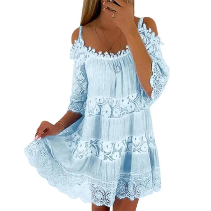 Embroidery Crochet Lace Cold Shoulder Mini Dress Women Scoop Neck Half Sleeves Mid-Rise Loose Fit Summer Dress Lady Beach Dress-THAT FASHION STORE