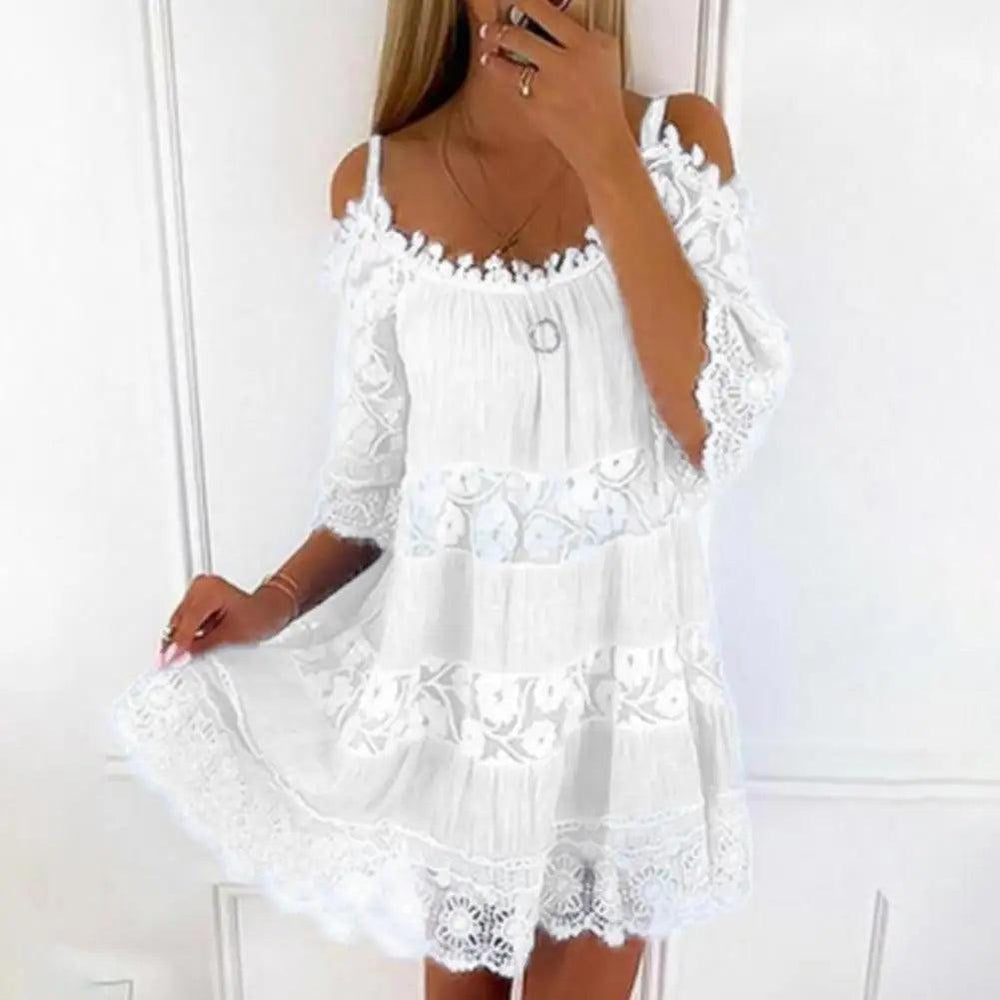 Embroidery Crochet Lace Cold Shoulder Mini Dress Women Scoop Neck Half Sleeves Mid-Rise Loose Fit Summer Dress Lady Beach Dress-THAT FASHION STORE