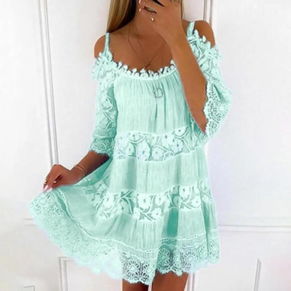 Embroidery Crochet Lace Cold Shoulder Mini Dress Women Scoop Neck Half Sleeves Mid-Rise Loose Fit Summer Dress Lady Beach Dress-THAT FASHION STORE