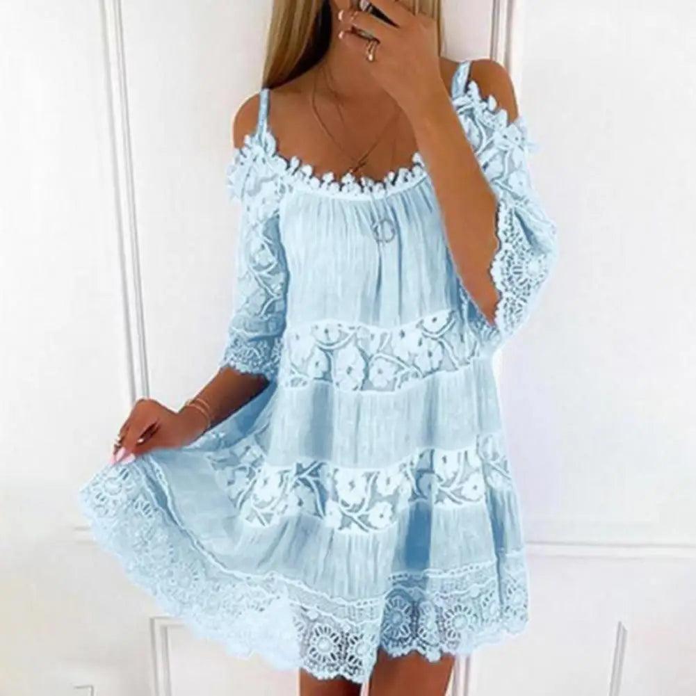 Embroidery Crochet Lace Cold Shoulder Mini Dress Women Scoop Neck Half Sleeves Mid-Rise Loose Fit Summer Dress Lady Beach Dress-THAT FASHION STORE