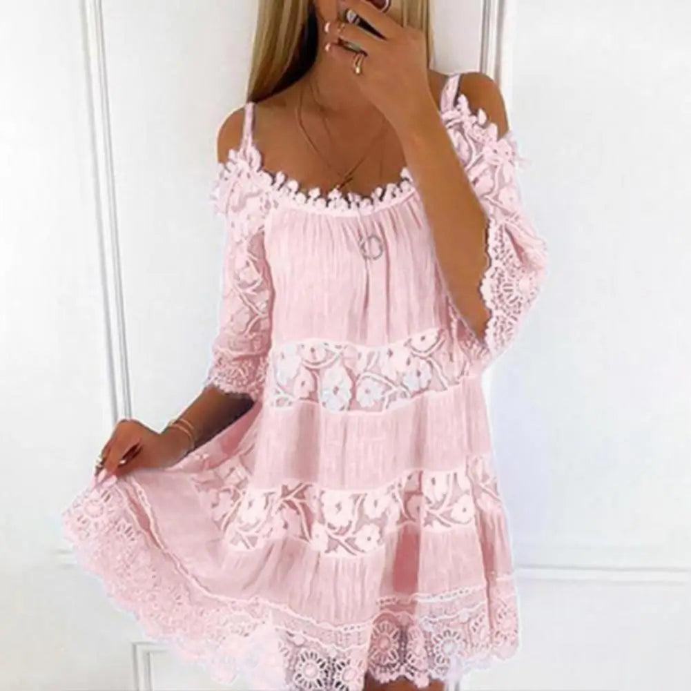 Embroidery Crochet Lace Cold Shoulder Mini Dress Women Scoop Neck Half Sleeves Mid-Rise Loose Fit Summer Dress Lady Beach Dress-THAT FASHION STORE