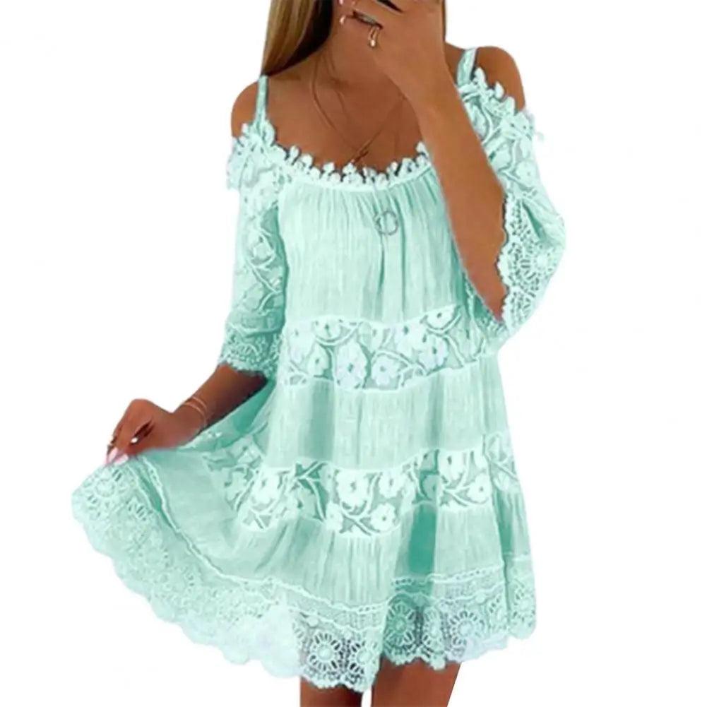 Embroidery Crochet Lace Cold Shoulder Mini Dress Women Scoop Neck Half Sleeves Mid-Rise Loose Fit Summer Dress Lady Beach Dress-THAT FASHION STORE