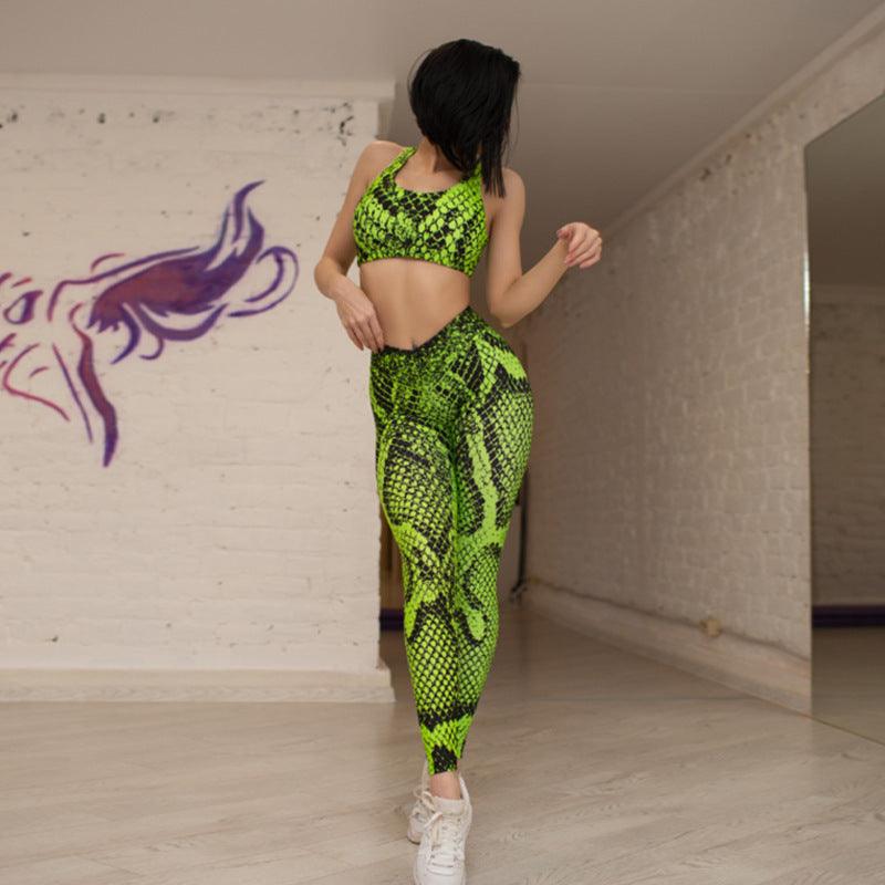 European and American style hot sale new snake print print vest shorts suit beauty back fitness yoga suit women-THAT FASHION STORE