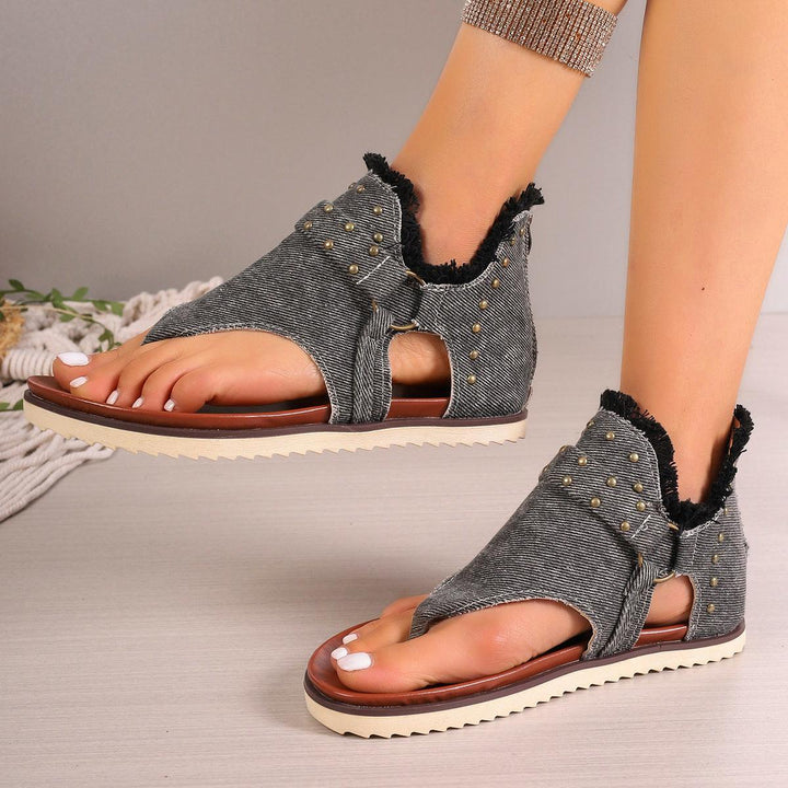 Denim Thong Sandals With Rear Zipper Summer Retro Beach Flat Shoes For Women-THAT FASHION STORE