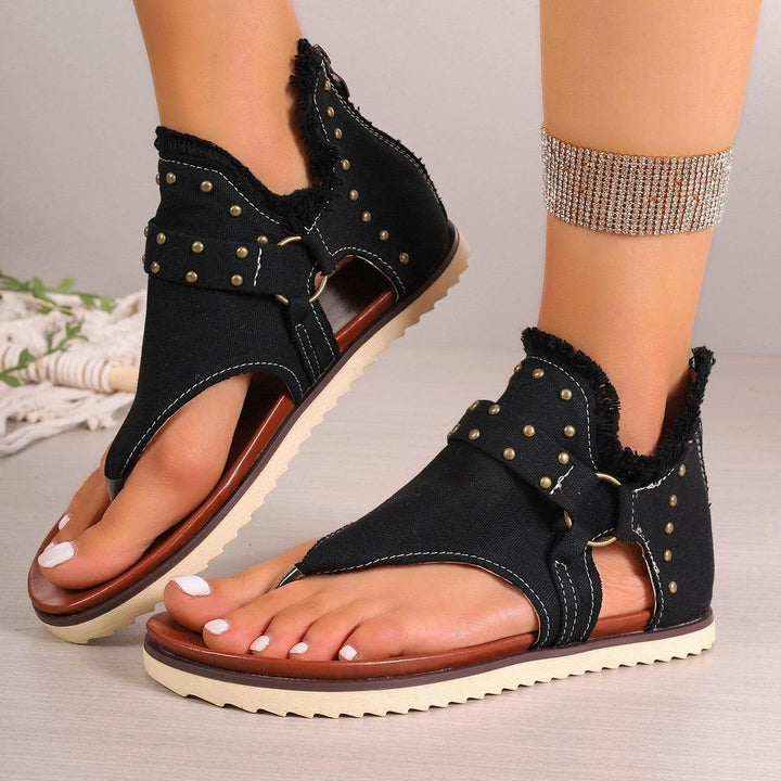 Denim Thong Sandals With Rear Zipper Summer Retro Beach Flat Shoes For Women-THAT FASHION STORE