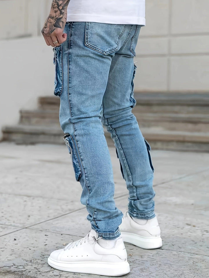 Men's Stylish Cotton Blend Mid Stretch Jeans With Multi-pocket Design, Chic Street Style Slim Fit Bottoms For Men, All Seasons-THAT FASHION STORE