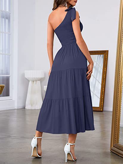 Chic Asymmetrical One-Shoulder Maxi Dress with Pleated Layered Hem and Side Slits - THAT FASHION STORE