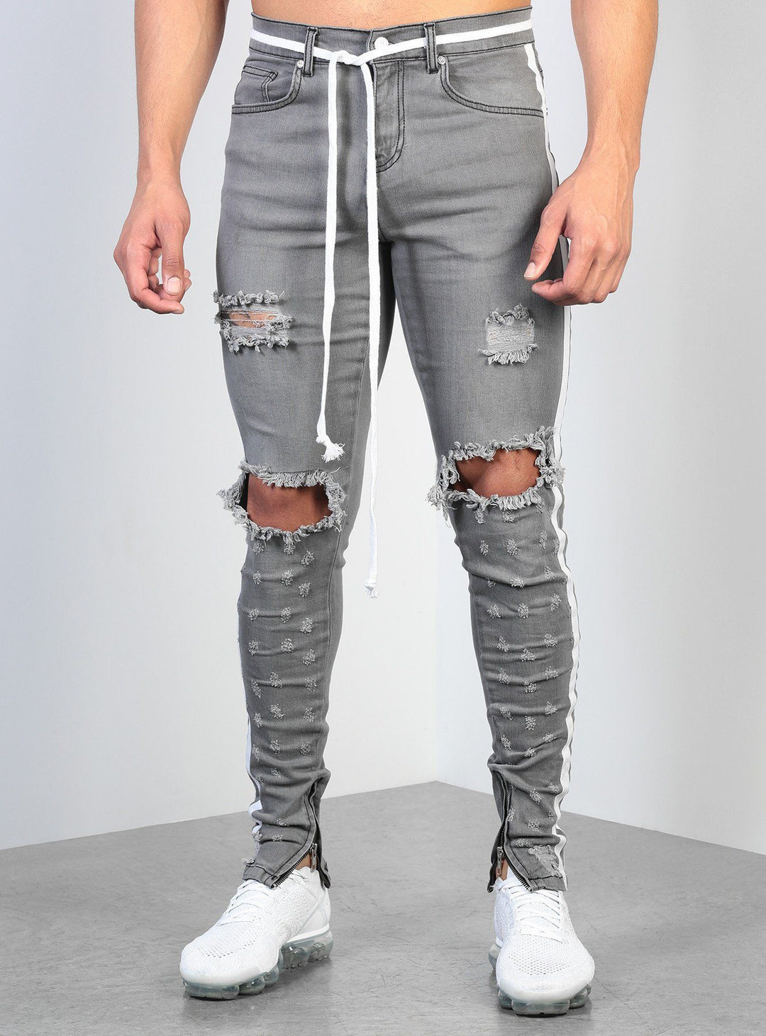 Men's Cross Knee Ripped Zippered Denim Jeans - THAT FASHION STORE