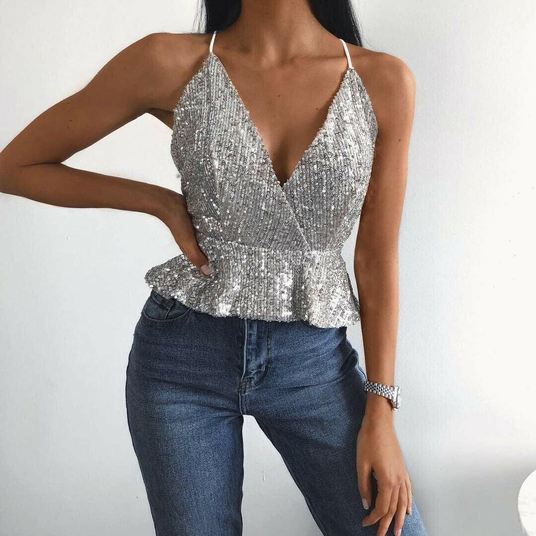 Women Sexy Luxury Sequined Crop Top Peplum Sleeveless Cropp-THAT FASHION STORE