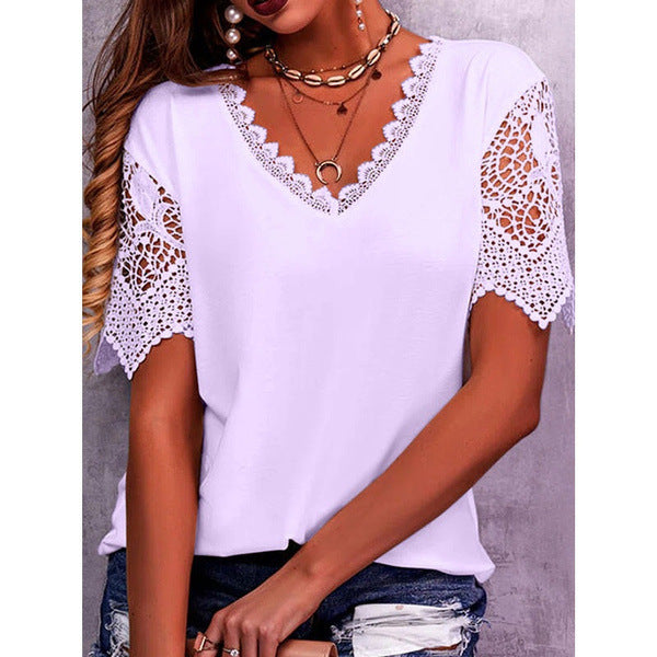 Lace Tops Women Summer Loose V Neck Short Sleeve Casual Shirts - THAT FASHION STORE