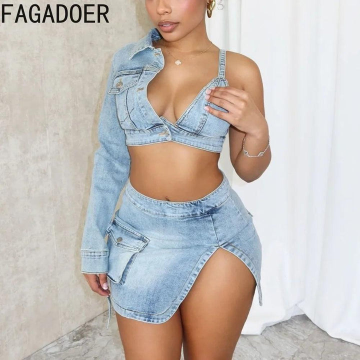 FAGADOER Blue Sexy Denim Backless Slit Two Piece Sets Women V Neck One Shoulder Long Sleeve Crop Top+Mini Skirts Cowboy Outfits-THAT FASHION STORE