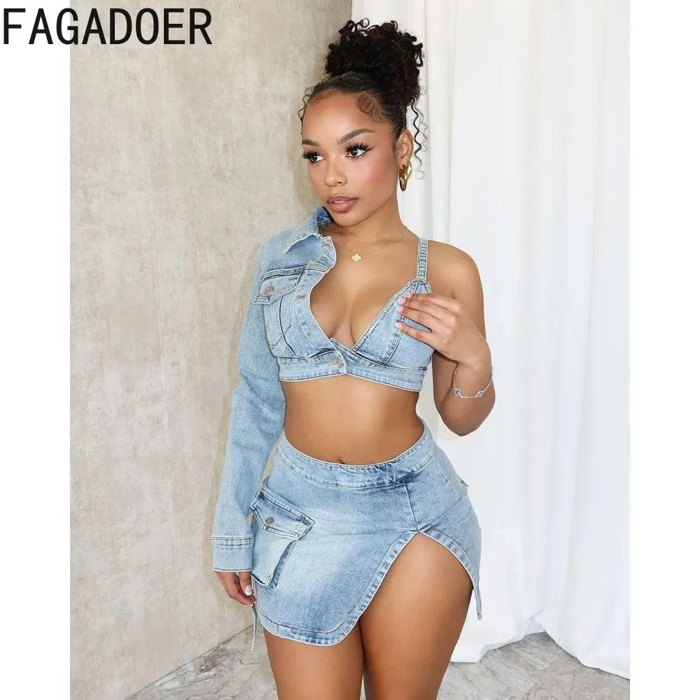 FAGADOER Blue Sexy Denim Backless Slit Two Piece Sets Women V Neck One Shoulder Long Sleeve Crop Top+Mini Skirts Cowboy Outfits-THAT FASHION STORE