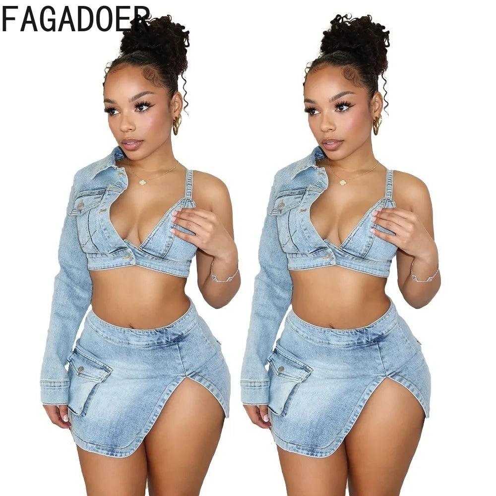 FAGADOER Blue Sexy Denim Backless Slit Two Piece Sets Women V Neck One Shoulder Long Sleeve Crop Top+Mini Skirts Cowboy Outfits-THAT FASHION STORE