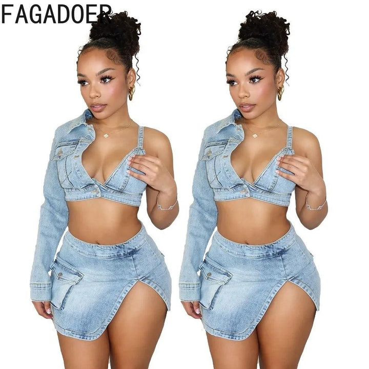 FAGADOER Blue Sexy Denim Backless Slit Two Piece Sets Women V Neck One Shoulder Long Sleeve Crop Top+Mini Skirts Cowboy Outfits-THAT FASHION STORE