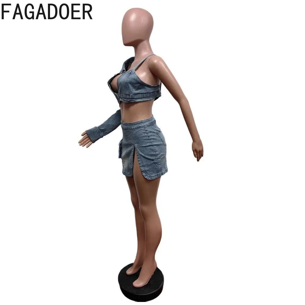 FAGADOER Blue Sexy Denim Backless Slit Two Piece Sets Women V Neck One Shoulder Long Sleeve Crop Top+Mini Skirts Cowboy Outfits-THAT FASHION STORE