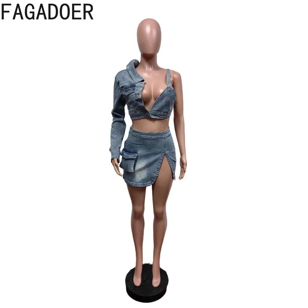 FAGADOER Blue Sexy Denim Backless Slit Two Piece Sets Women V Neck One Shoulder Long Sleeve Crop Top+Mini Skirts Cowboy Outfits-THAT FASHION STORE