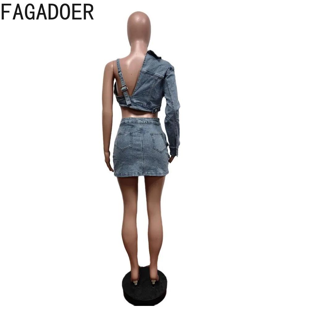 FAGADOER Blue Sexy Denim Backless Slit Two Piece Sets Women V Neck One Shoulder Long Sleeve Crop Top+Mini Skirts Cowboy Outfits-THAT FASHION STORE