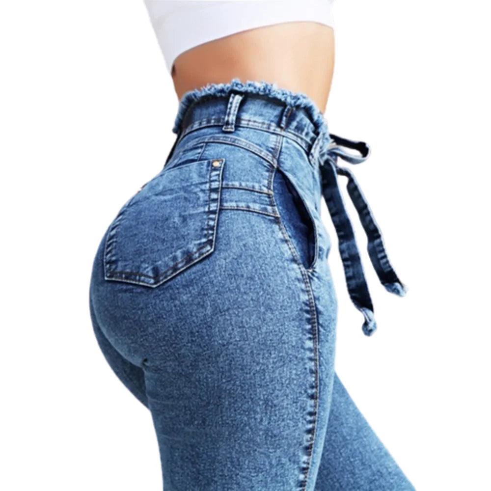 Fashion Belted High Waist Skinny Jeans Women Hot Loose Stretch Denim Long Pants Skinny Jeans Women Stretch Denim Long Pants-THAT FASHION STORE