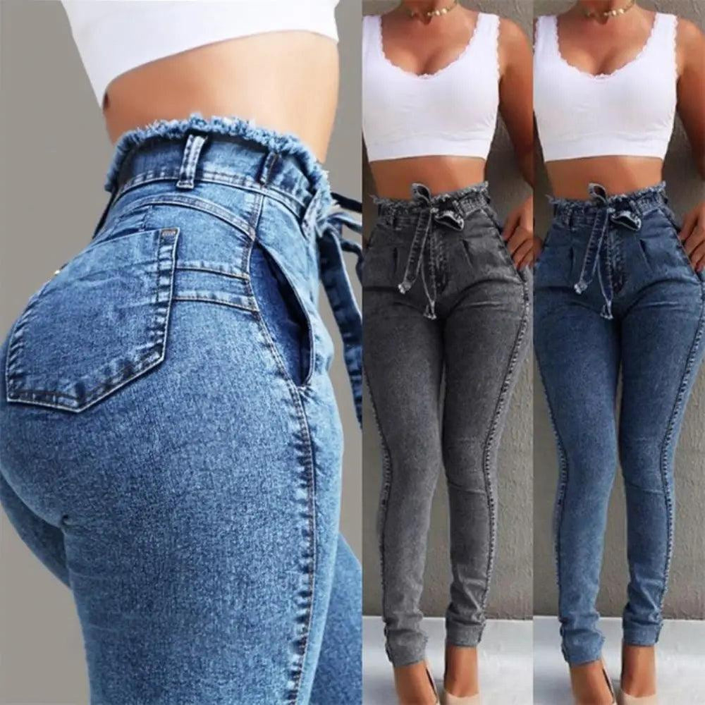 Fashion Belted High Waist Skinny Jeans Women Hot Loose Stretch Denim Long Pants Skinny Jeans Women Stretch Denim Long Pants-THAT FASHION STORE