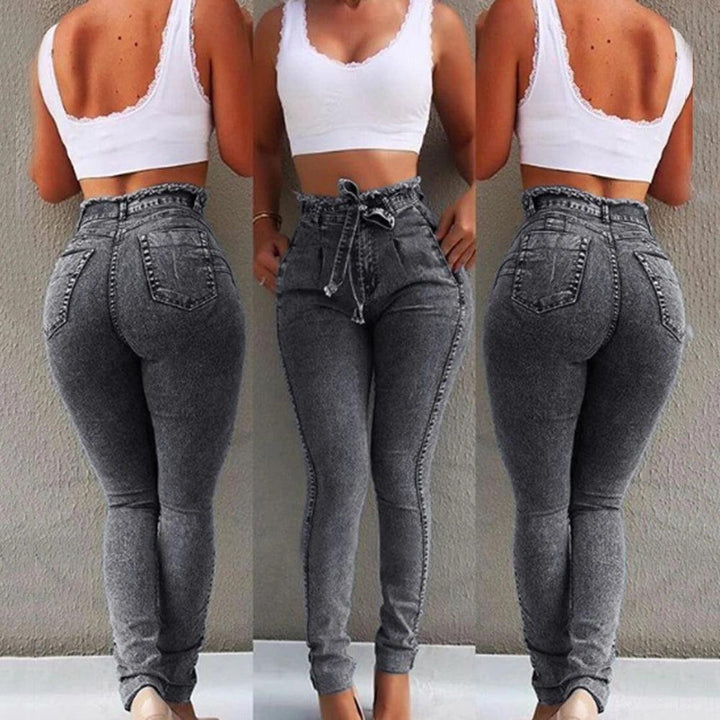 Fashion Belted High Waist Skinny Jeans Women Hot Loose Stretch Denim Long Pants Skinny Jeans Women Stretch Denim Long Pants-THAT FASHION STORE