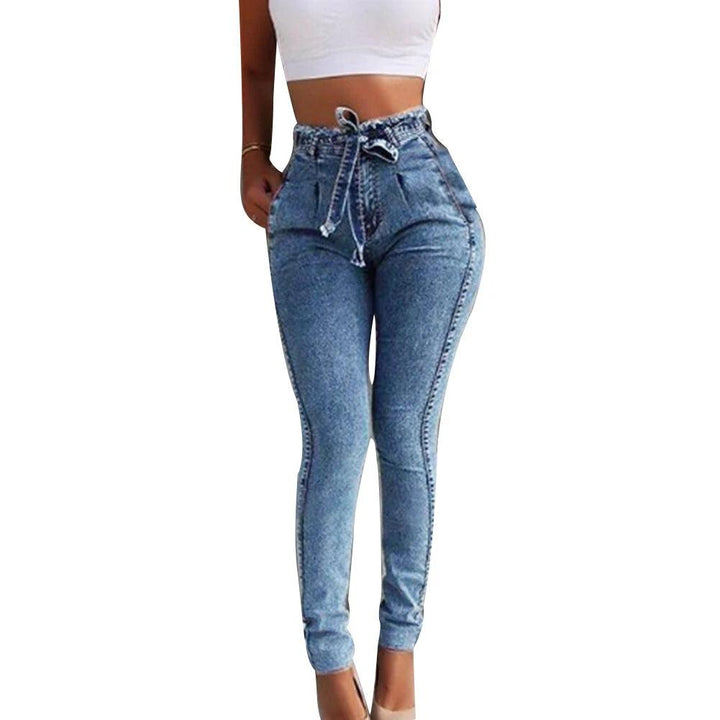 Fashion Belted High Waist Skinny Jeans Women Hot Loose Stretch Denim Long Pants Skinny Jeans Women Stretch Denim Long Pants-THAT FASHION STORE