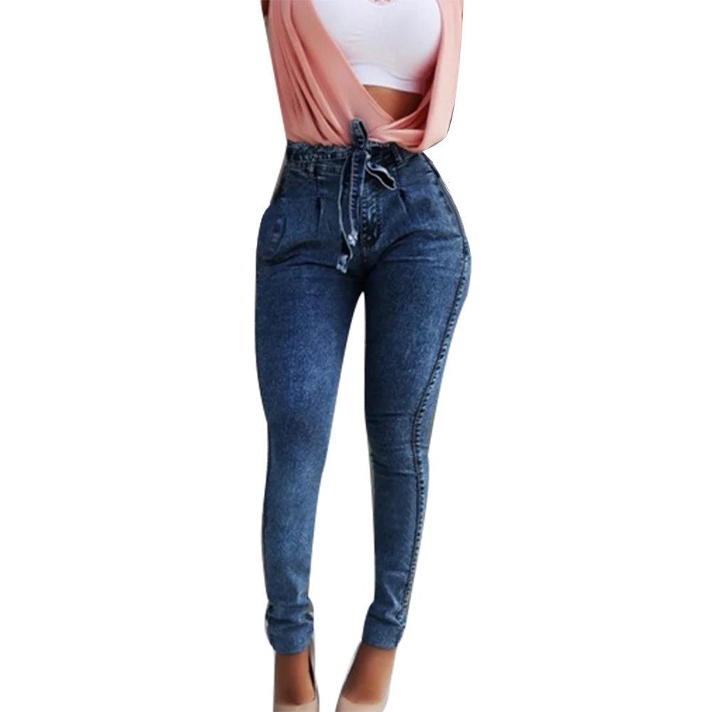 Fashion Belted High Waist Skinny Jeans Women Hot Loose Stretch Denim Long Pants Skinny Jeans Women Stretch Denim Long Pants-THAT FASHION STORE