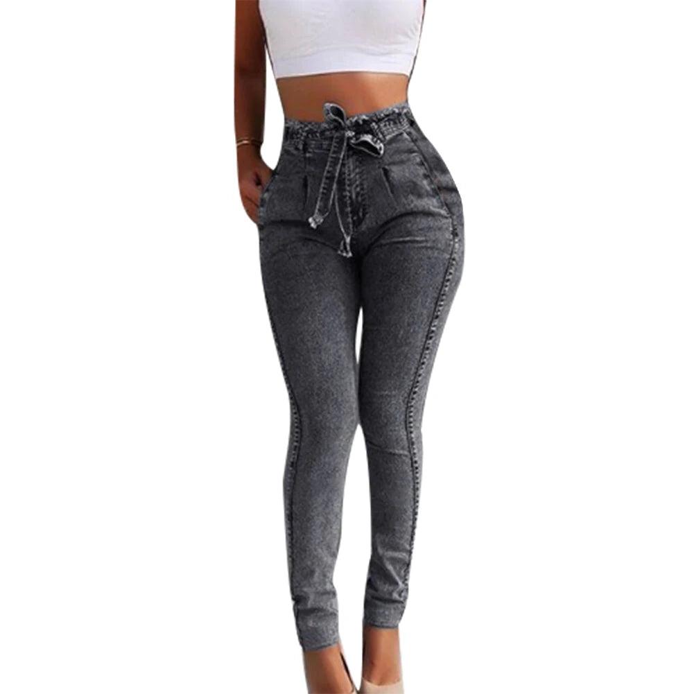 Fashion Belted High Waist Skinny Jeans Women Hot Loose Stretch Denim Long Pants Skinny Jeans Women Stretch Denim Long Pants-THAT FASHION STORE