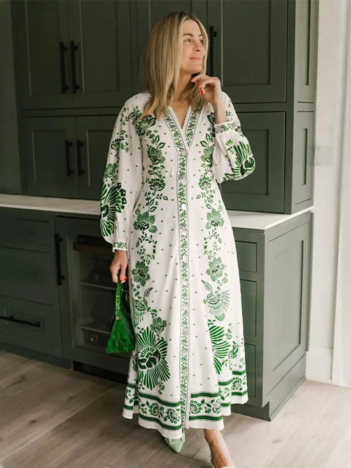 Fashion Green Print Single Breast Maxi Dress Women Elegant Lapel Long Lantern Sleeves Long Robes 2024 New Beach Vocation Vestido-THAT FASHION STORE