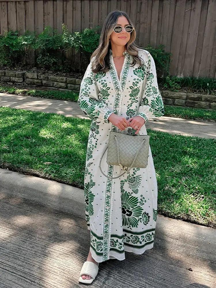 Fashion Green Print Single Breast Maxi Dress Women Elegant Lapel Long Lantern Sleeves Long Robes 2024 New Beach Vocation Vestido-THAT FASHION STORE