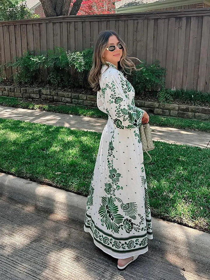 Fashion Green Print Single Breast Maxi Dress Women Elegant Lapel Long Lantern Sleeves Long Robes 2024 New Beach Vocation Vestido-THAT FASHION STORE