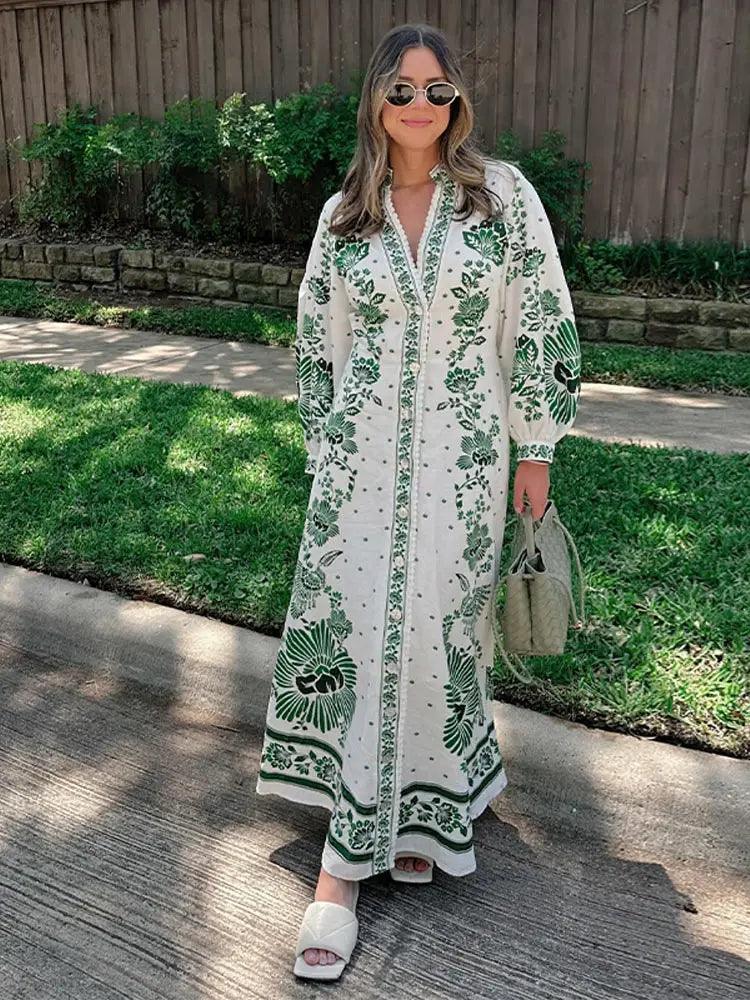 Fashion Green Print Single Breast Maxi Dress Women Elegant Lapel Long Lantern Sleeves Long Robes 2024 New Beach Vocation Vestido-THAT FASHION STORE