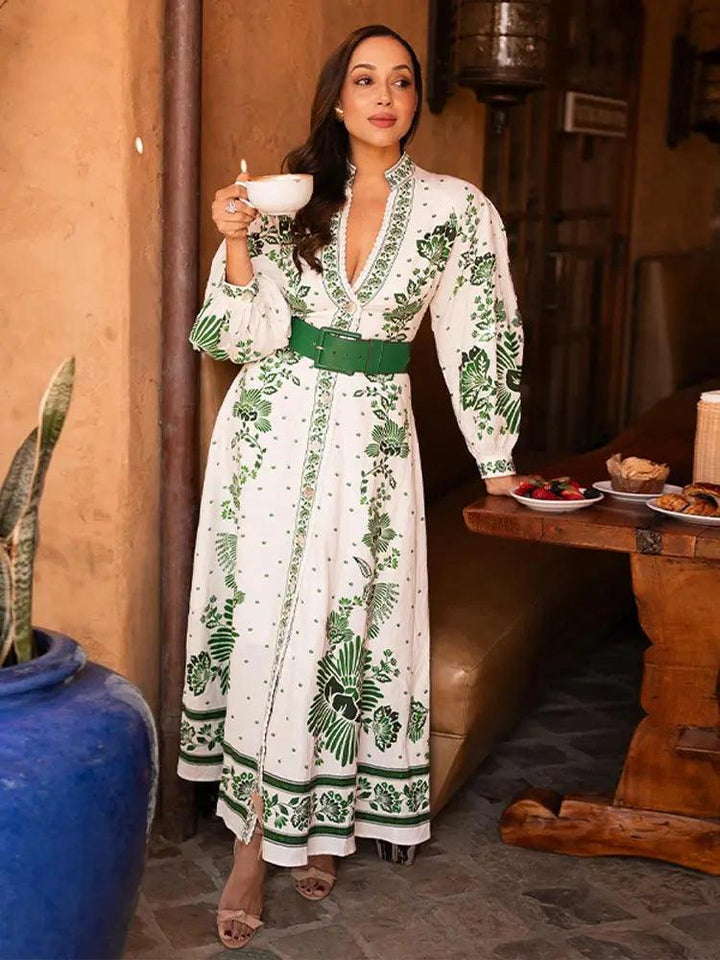 Fashion Green Print Single Breast Maxi Dress Women Elegant Lapel Long Lantern Sleeves Long Robes 2024 New Beach Vocation Vestido-THAT FASHION STORE