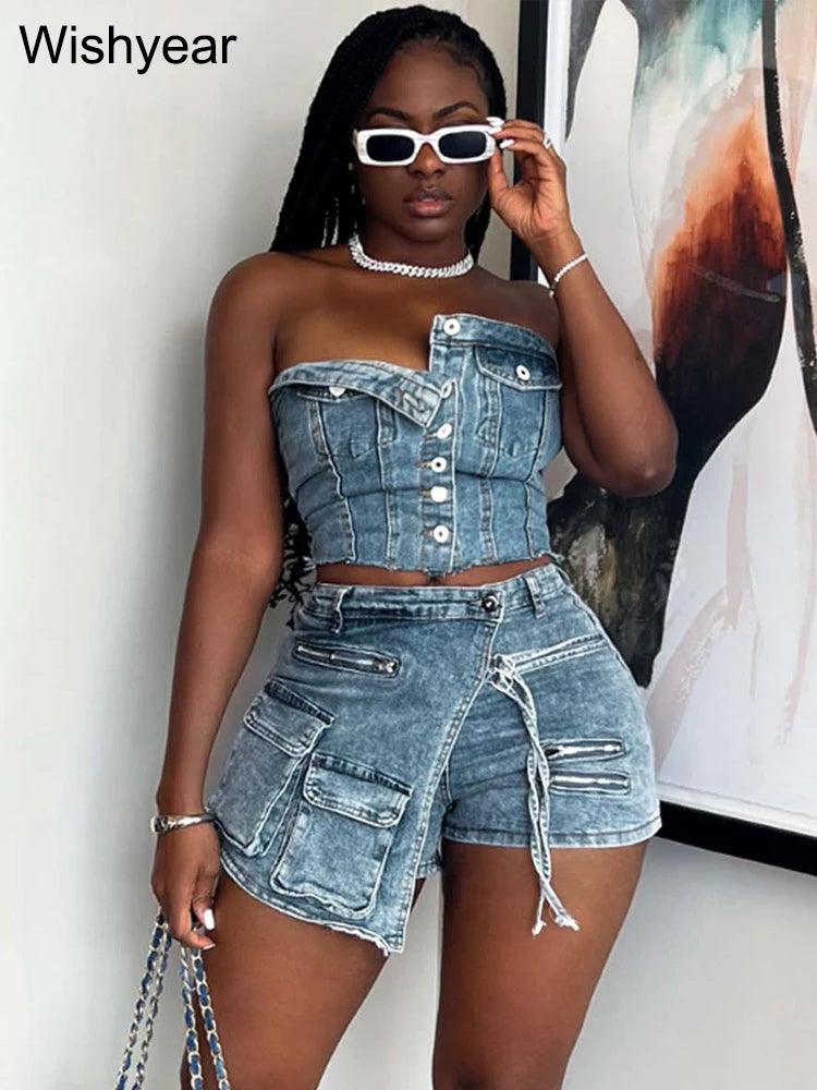 Fashion Pocket Irregular Shorts and Tube Tops 2 Two Piece Sets Denim Stretch Women Summer Birthday Club Outfit Female Streetwear-THAT FASHION STORE