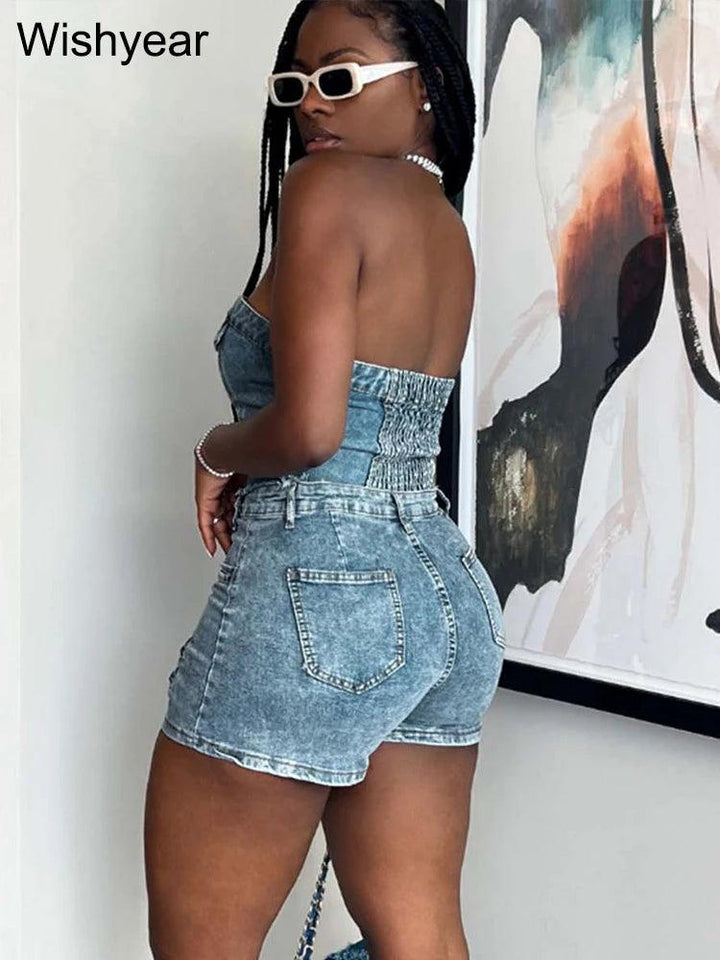 Fashion Pocket Irregular Shorts and Tube Tops 2 Two Piece Sets Denim Stretch Women Summer Birthday Club Outfit Female Streetwear-THAT FASHION STORE