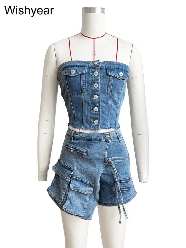 Fashion Pocket Irregular Shorts and Tube Tops 2 Two Piece Sets Denim Stretch Women Summer Birthday Club Outfit Female Streetwear-THAT FASHION STORE