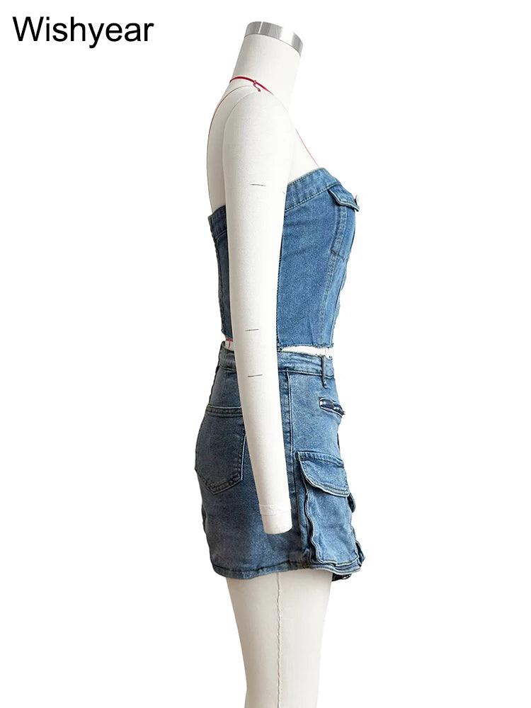 Fashion Pocket Irregular Shorts and Tube Tops 2 Two Piece Sets Denim Stretch Women Summer Birthday Club Outfit Female Streetwear-THAT FASHION STORE