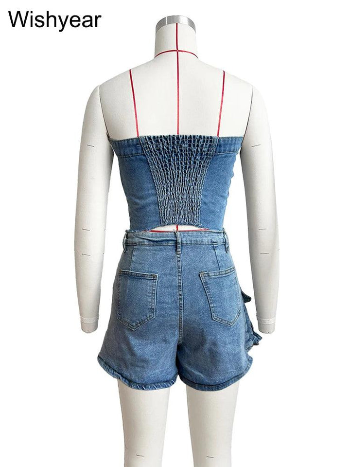 Fashion Pocket Irregular Shorts and Tube Tops 2 Two Piece Sets Denim Stretch Women Summer Birthday Club Outfit Female Streetwear-THAT FASHION STORE