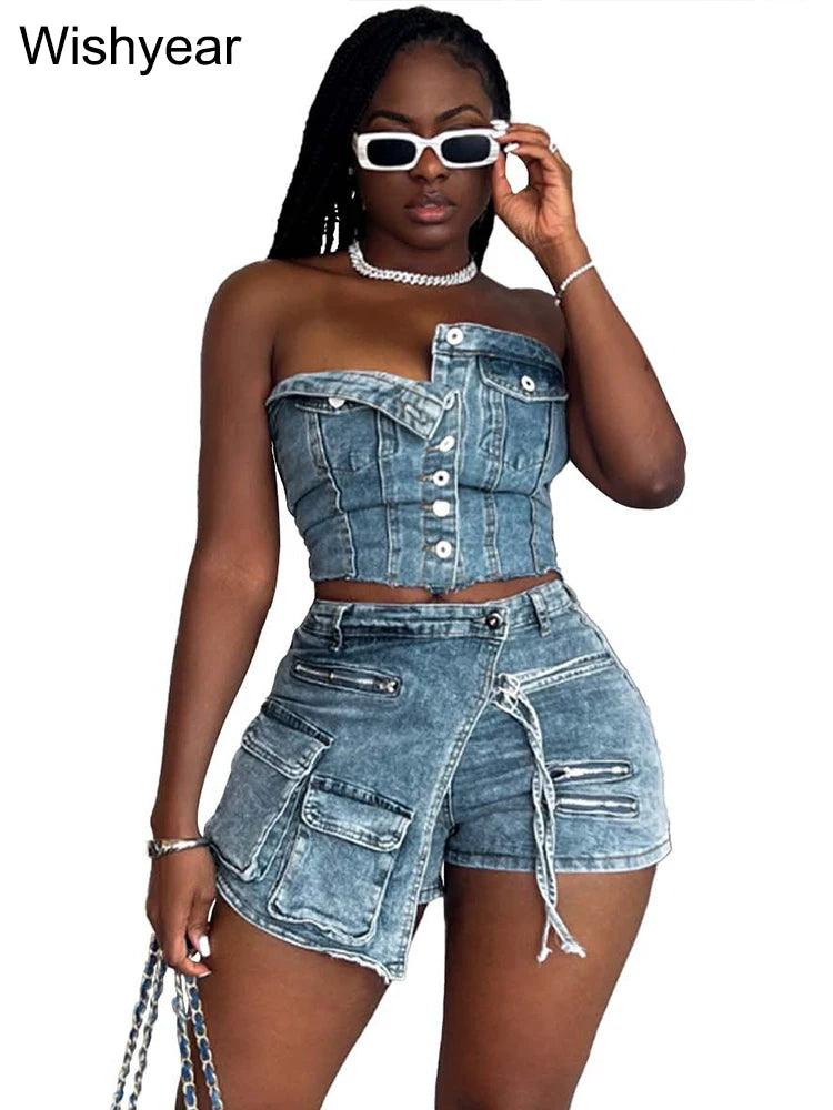 Fashion Pocket Irregular Shorts and Tube Tops 2 Two Piece Sets Denim Stretch Women Summer Birthday Club Outfit Female Streetwear-THAT FASHION STORE