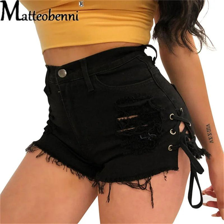 Fashion Sexy Ripped Hole Fringe Black Denim Shorts Women Lace Up Casual Pocket Jeans Shorts 2021 Summer New Hot Shorts-THAT FASHION STORE