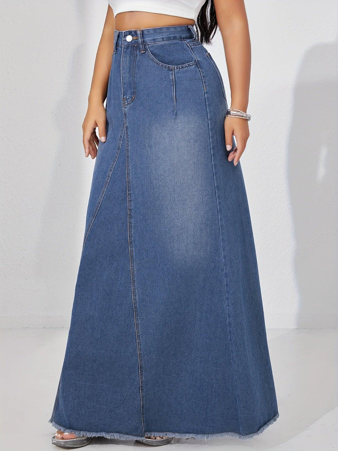 Women's Casual Style Plain Denim Maxi Skirt, Non-Stretch A-Line Jean Long Skirt With Frayed Hem for autumn-THAT FASHION STORE