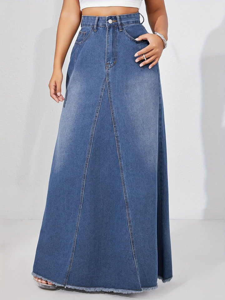 Women's Casual Style Plain Denim Maxi Skirt, Non-Stretch A-Line Jean Long Skirt With Frayed Hem for autumn-THAT FASHION STORE