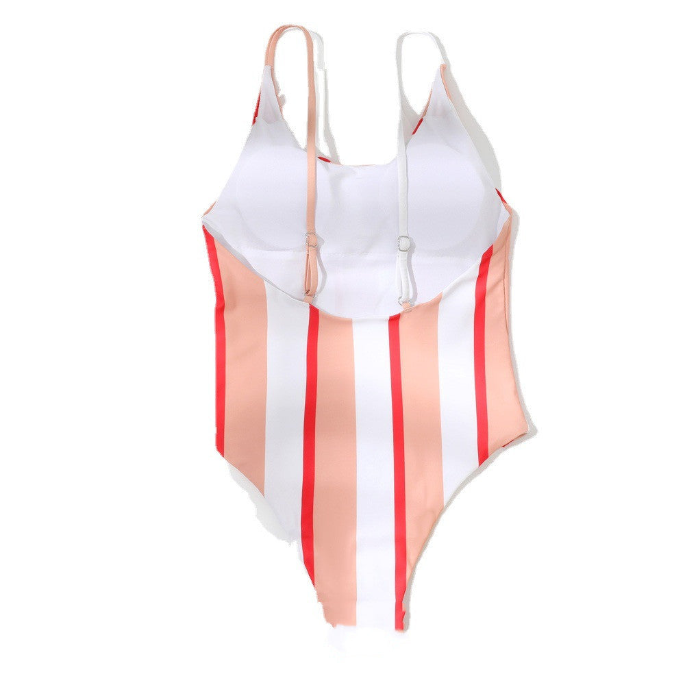 Striped Slim Fit One-Piece Bikini Swimsuit in Pink - THAT FASHION STORE