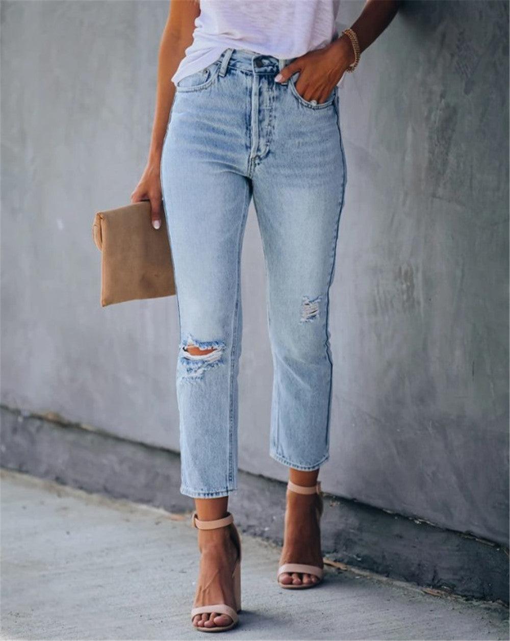 Distressed High-rise Stretch Pencil Pants Cropped Jeans-THAT FASHION STORE